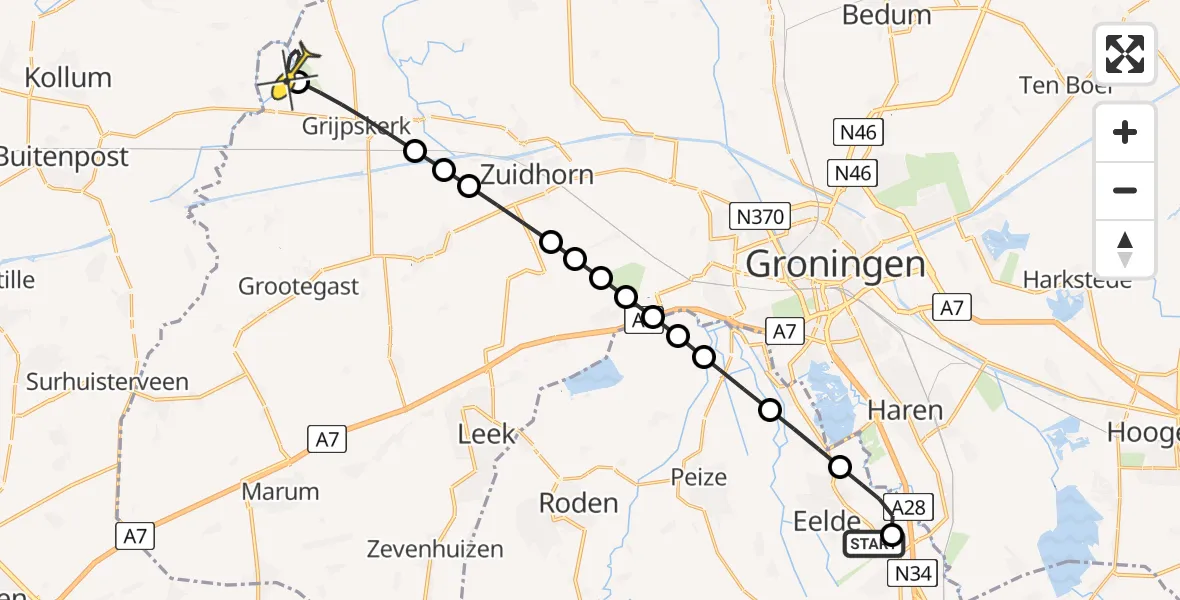 Routekaart van de vlucht: Lifeliner 4 naar Pieterzijl, Burgemeester J.G. Legroweg