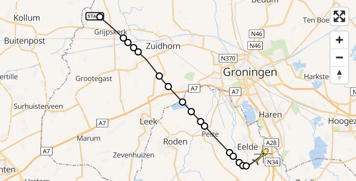 Routekaart van de vlucht: Lifeliner 4 naar Groningen Airport Eelde, Bosscherweg