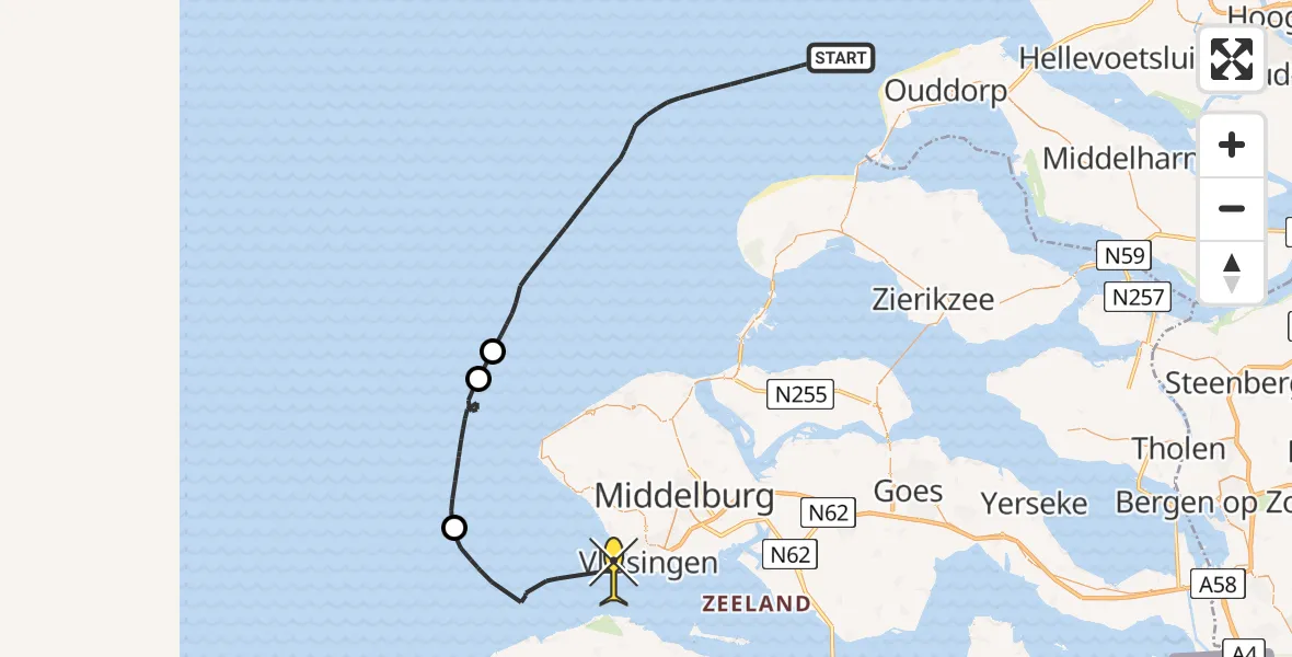 Routekaart van de vlucht: Politieheli naar Vlissingen, Westerschelde