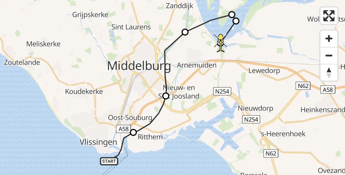 Routekaart van de vlucht: Politiehelikopter naar Arnemuiden, Kanaal door Walcheren