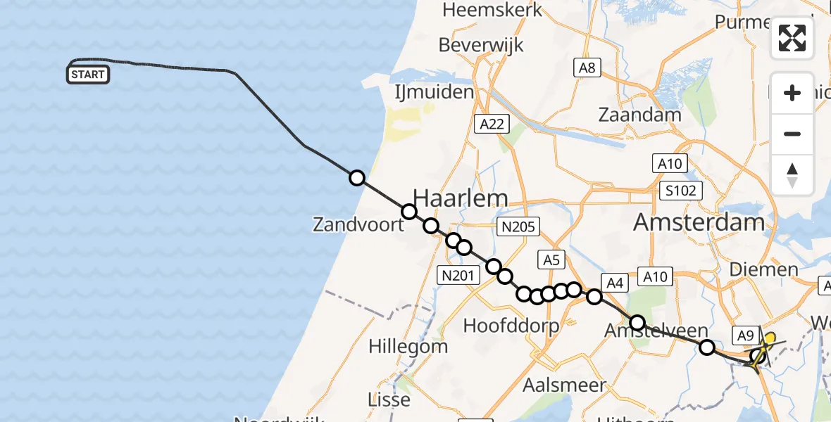 Routekaart van de vlucht: Kustwachthelikopter naar Academisch Medisch Centrum (AMC), Tafelbergweg