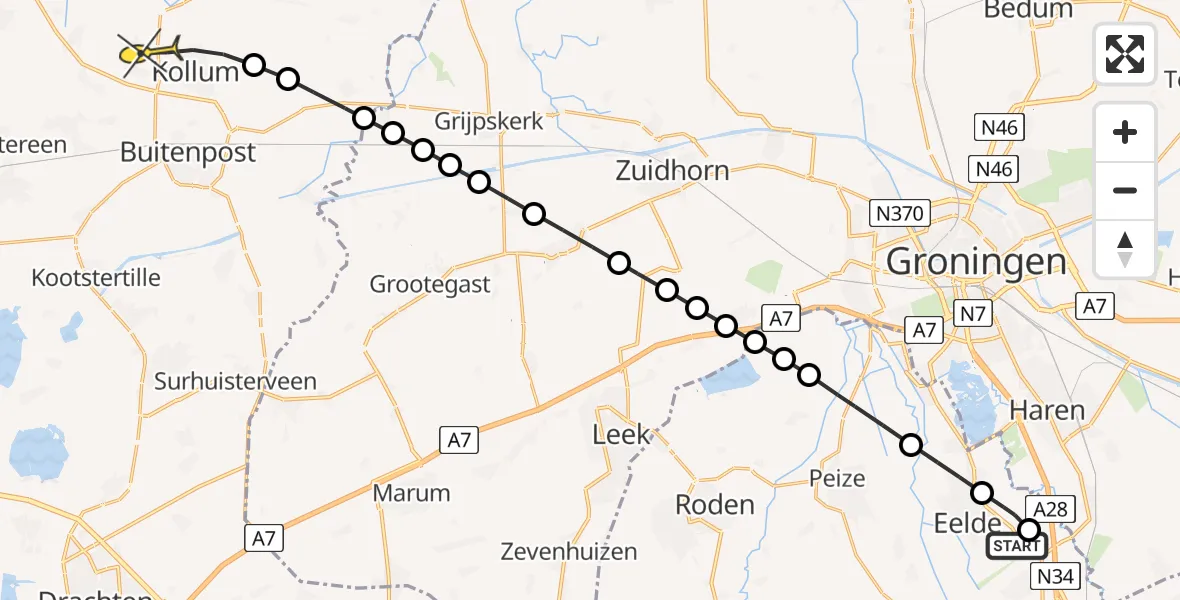 Routekaart van de vlucht: Lifeliner 4 naar Oudwoude, Vosbergerlaan