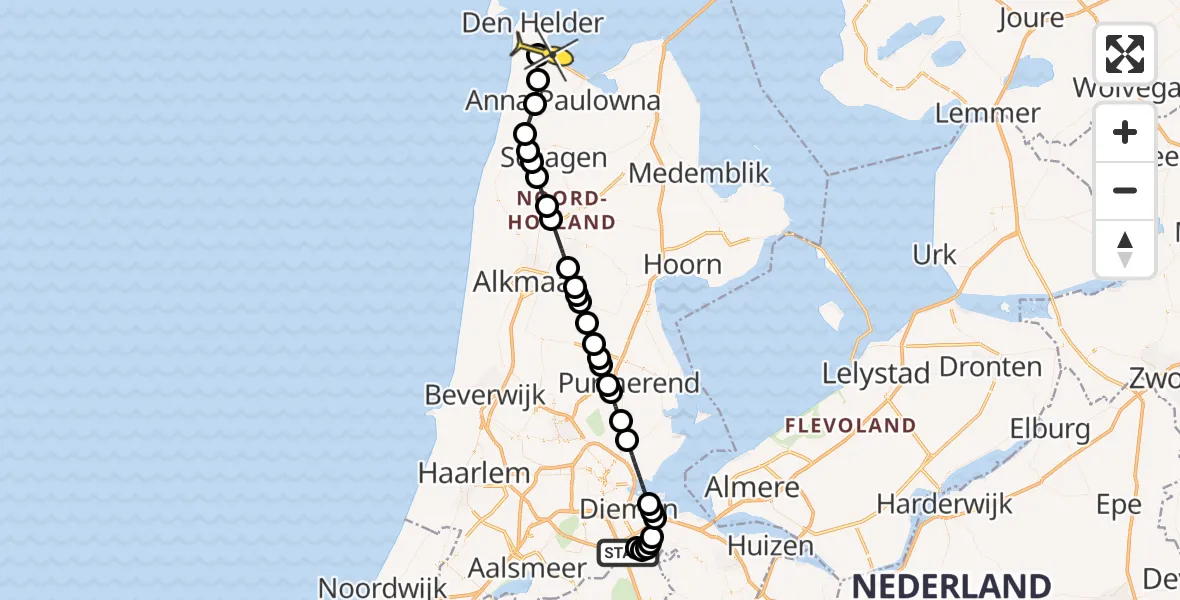 Routekaart van de vlucht: Kustwachthelikopter naar Vliegveld De Kooy, Spakenburgstraat