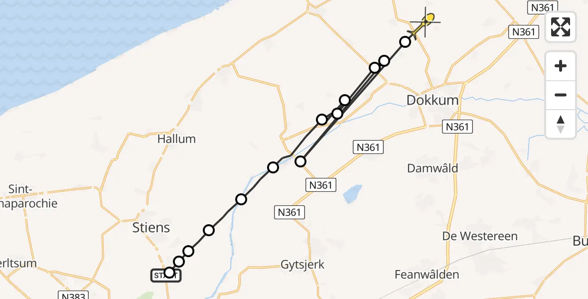 Routekaart van de vlucht: Ambulanceheli naar Hantumhuizen, Aldlânsdyk