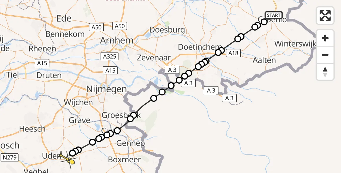 Routekaart van de vlucht: Lifeliner 3 naar Vliegbasis Volkel, De Bleek