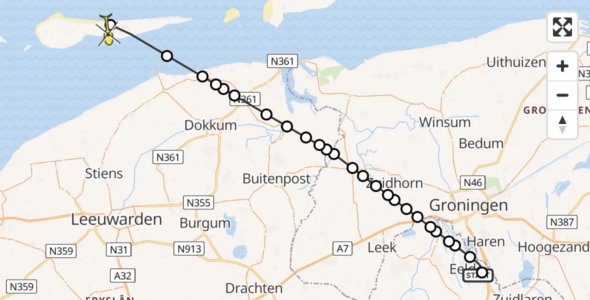 Routekaart van de vlucht: Lifeliner 4 naar Nes, Oosterbroek