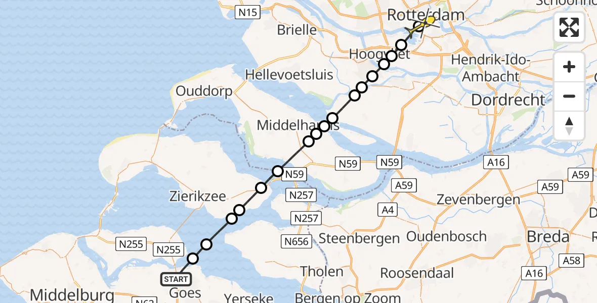 Routekaart van de vlucht: Lifeliner 2 naar Erasmus MC, Philipskreek