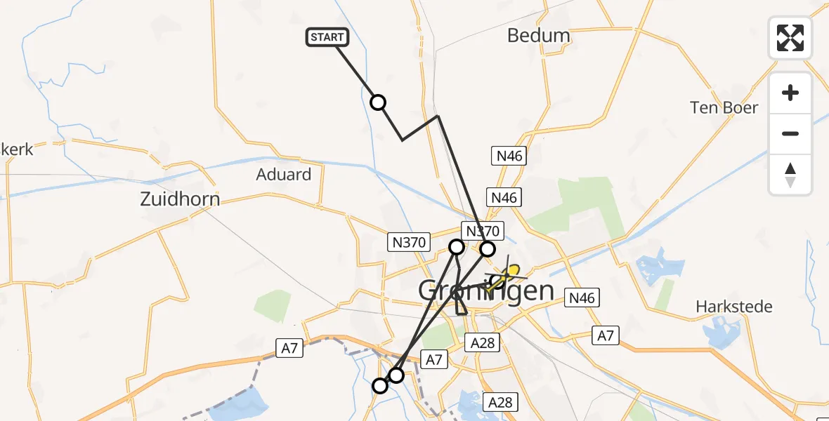 Routekaart van de vlucht: Ambulancehelikopter naar Universitair Medisch Centrum Groningen, Wierumerschouwsterweg