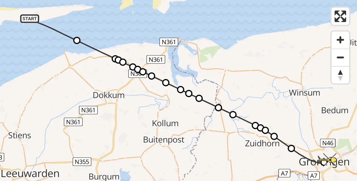 Routekaart van de vlucht: Lifeliner 4 naar Universitair Medisch Centrum Groningen, uitwatering