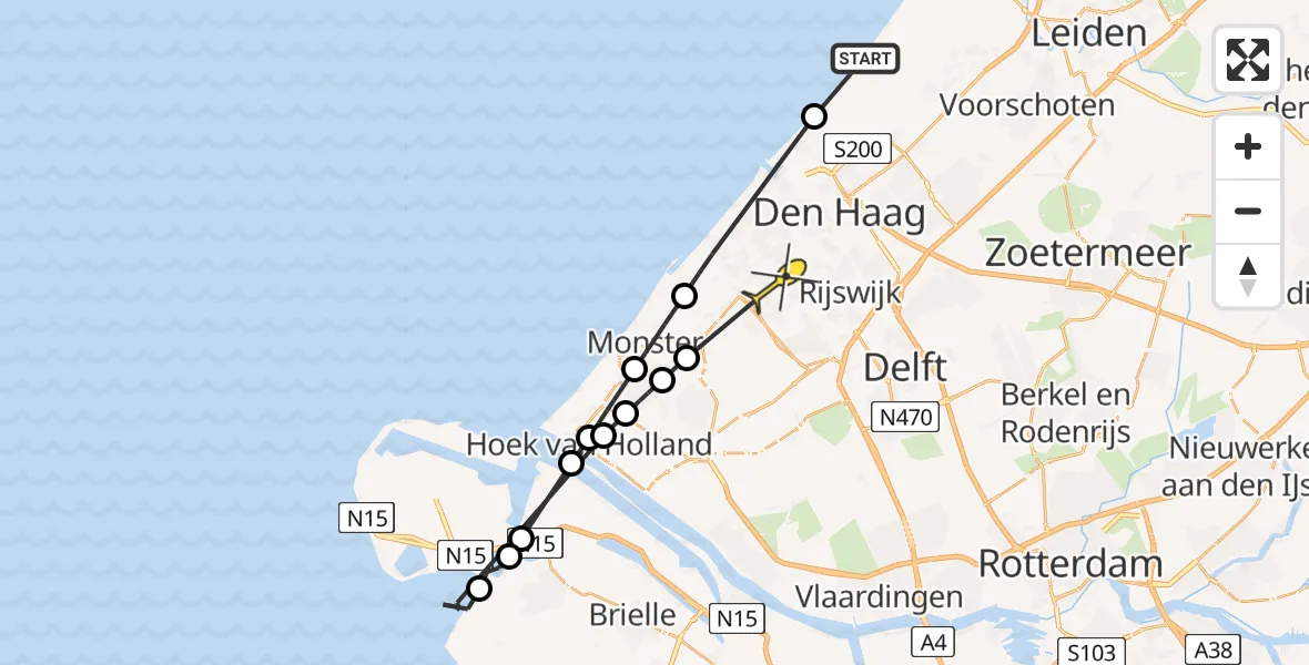 Routekaart van de vlucht: Politieheli naar Den Haag, Strand Noord