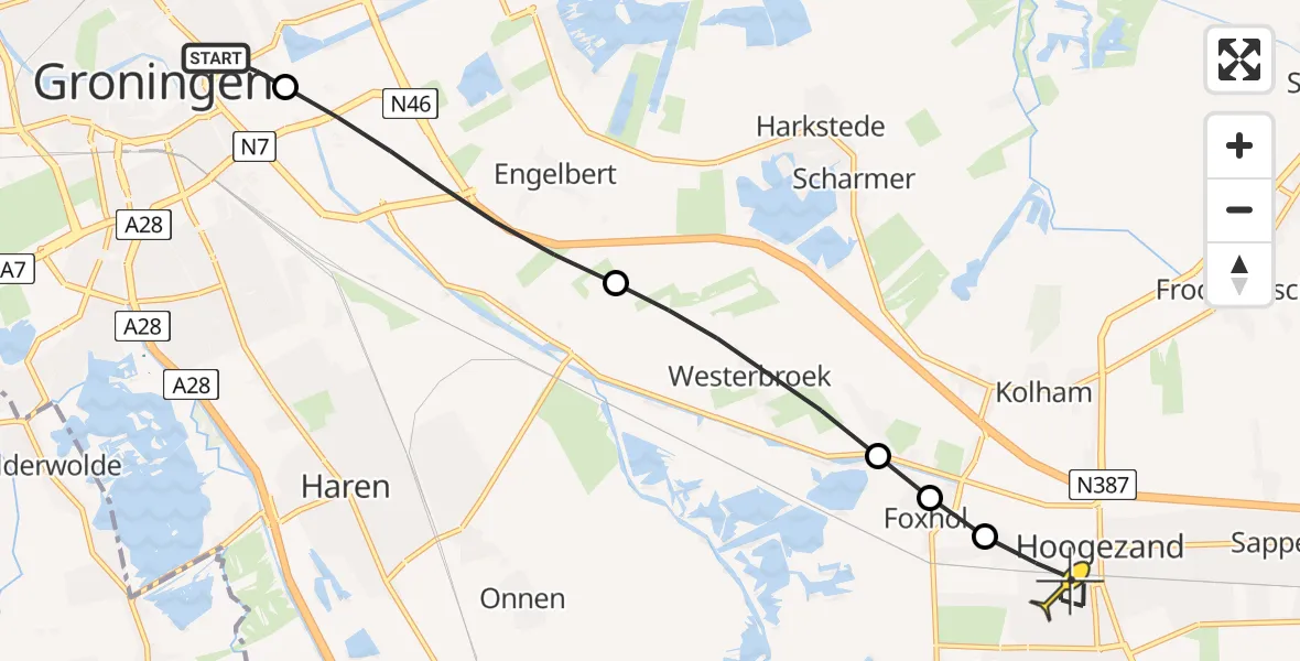 Routekaart van de vlucht: Lifeliner 4 naar Hoogezand, Kopenhagenstraat