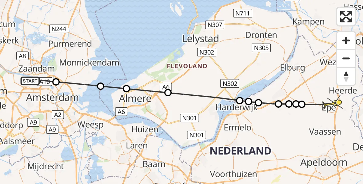 Routekaart van de vlucht: Lifeliner 1 naar Epe, Landsmeerderdijk