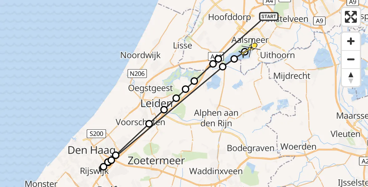 Routekaart van de vlucht: Politieheli naar Aalsmeer, Leimuiderweg