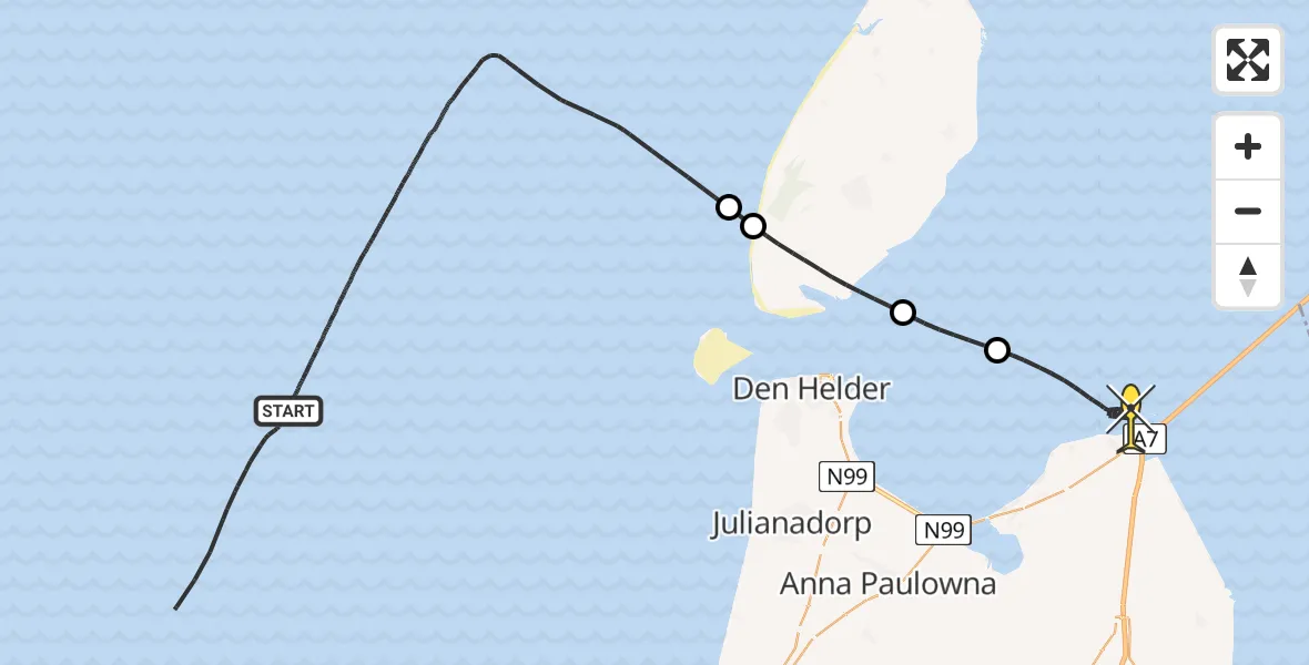 Routekaart van de vlucht: Kustwachthelikopter naar Den Oever, Dokweg