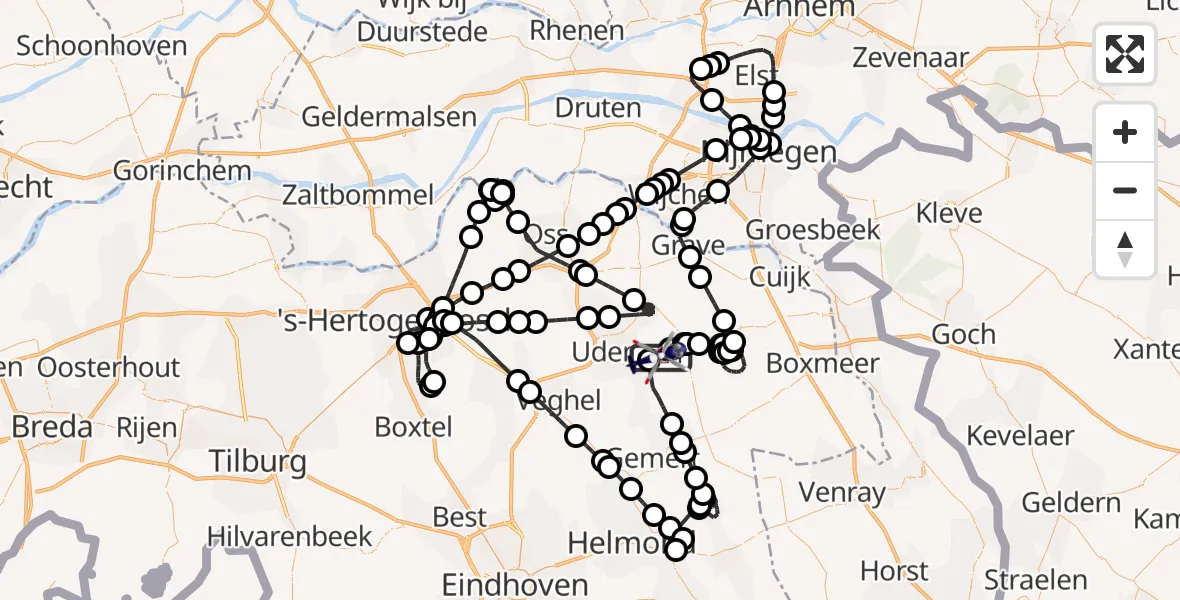 Vluchtroute Politiehelikopter van Vliegbasis Volkel naar Vliegbasis Volkel