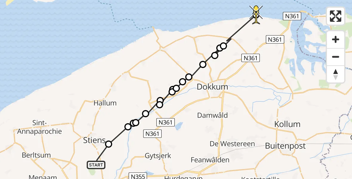 Routekaart van de vlucht: Ambulanceheli naar Nes, Aldlânsdyk