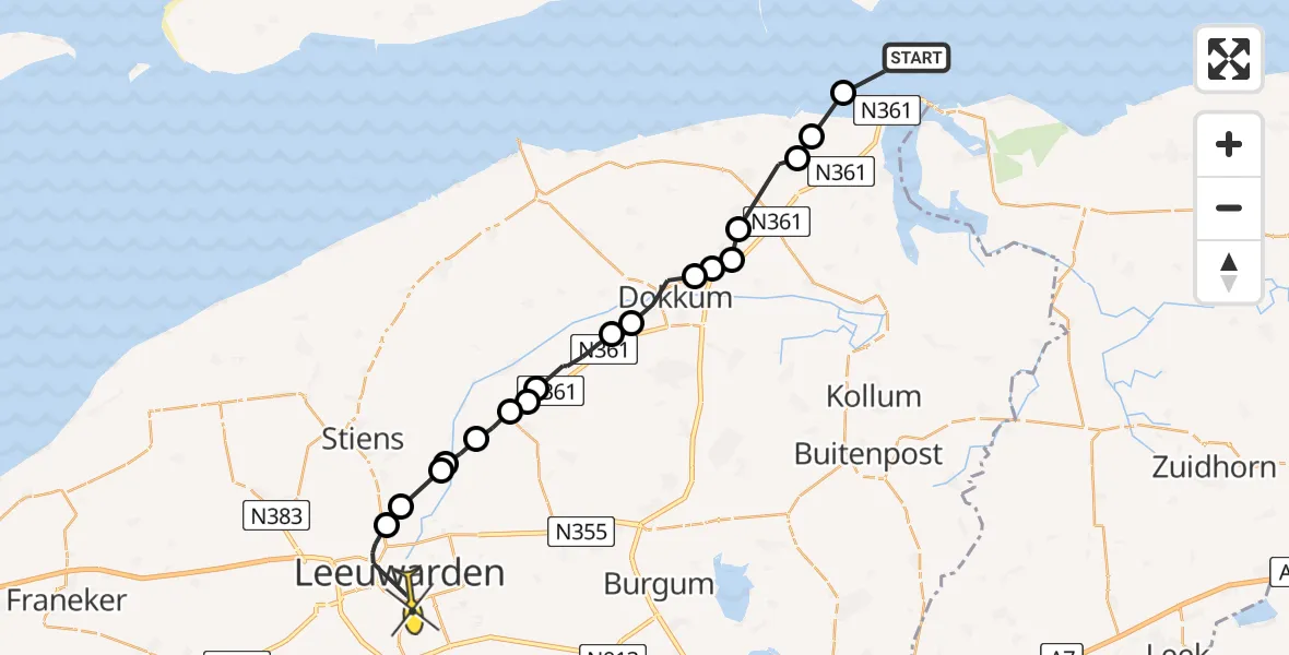 Routekaart van de vlucht: Ambulanceheli naar Leeuwarden, Borniastraat