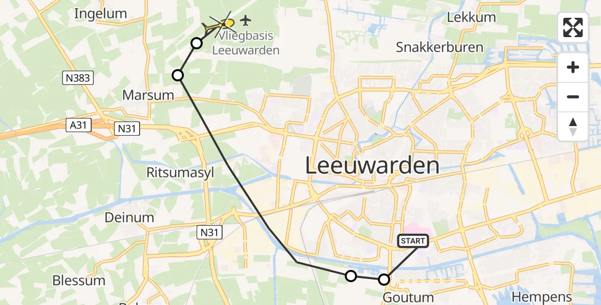 Routekaart van de vlucht: Ambulanceheli naar Vliegbasis Leeuwarden, Boksumerdyk