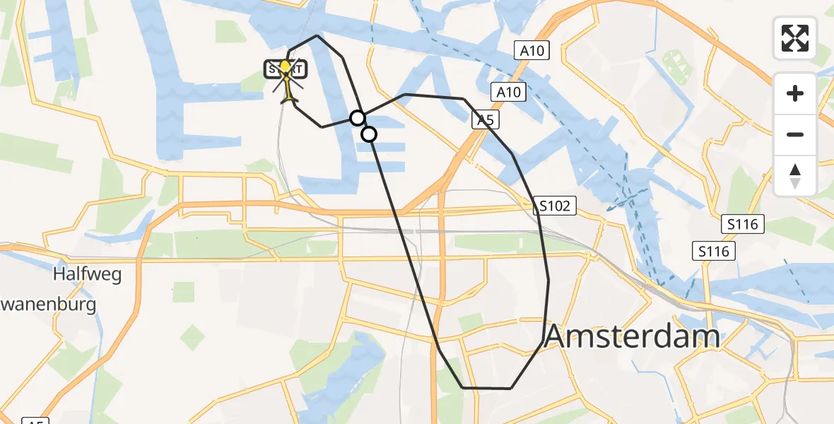 Routekaart van de vlucht: Lifeliner 1 naar Amsterdam Heliport, Westhavenweg