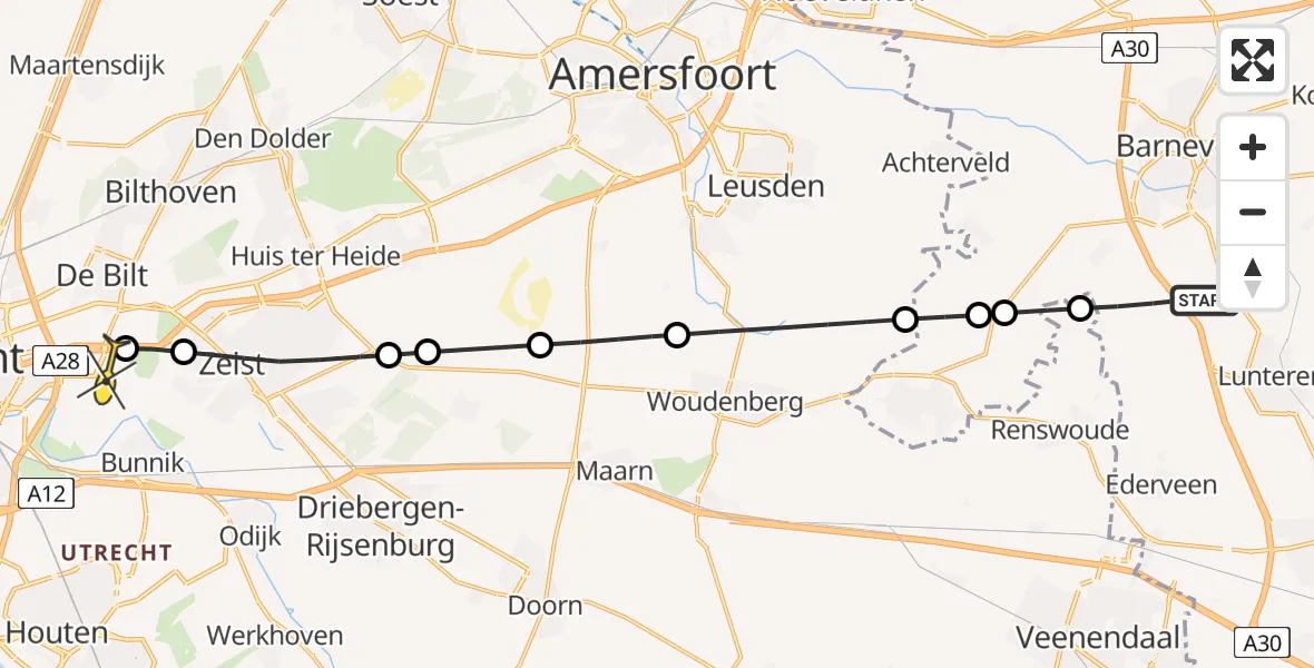 Routekaart van de vlucht: Lifeliner 3 naar Universitair Medisch Centrum Utrecht, Watersteeg