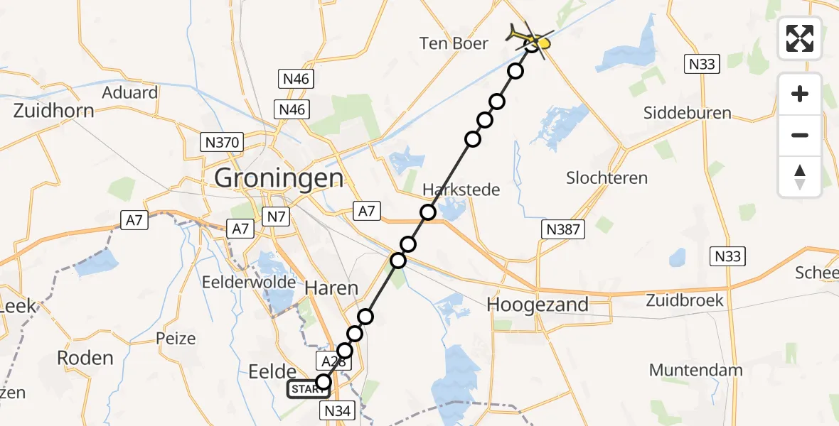 Routekaart van de vlucht: Lifeliner 4 naar Ten Post, Burgemeester J.G. Legroweg