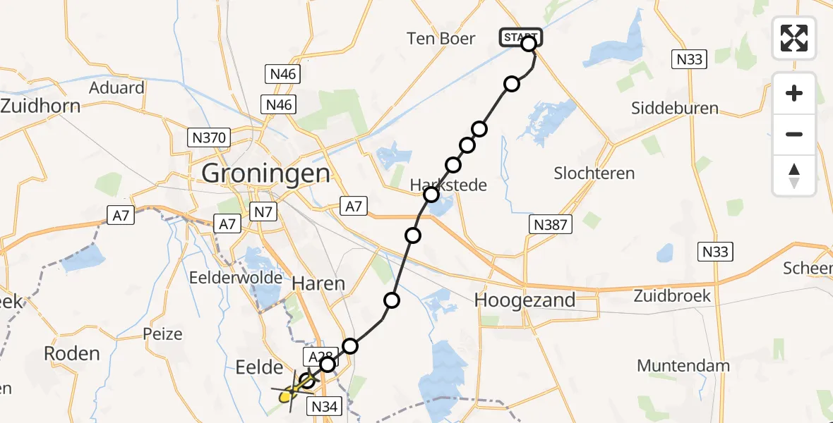 Routekaart van de vlucht: Lifeliner 4 naar Groningen Airport Eelde, Meenteweg