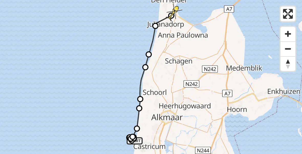 Routekaart van de vlucht: Kustwachthelikopter naar Vliegveld De Kooy, Nude Beach - Schoorl aan Zee