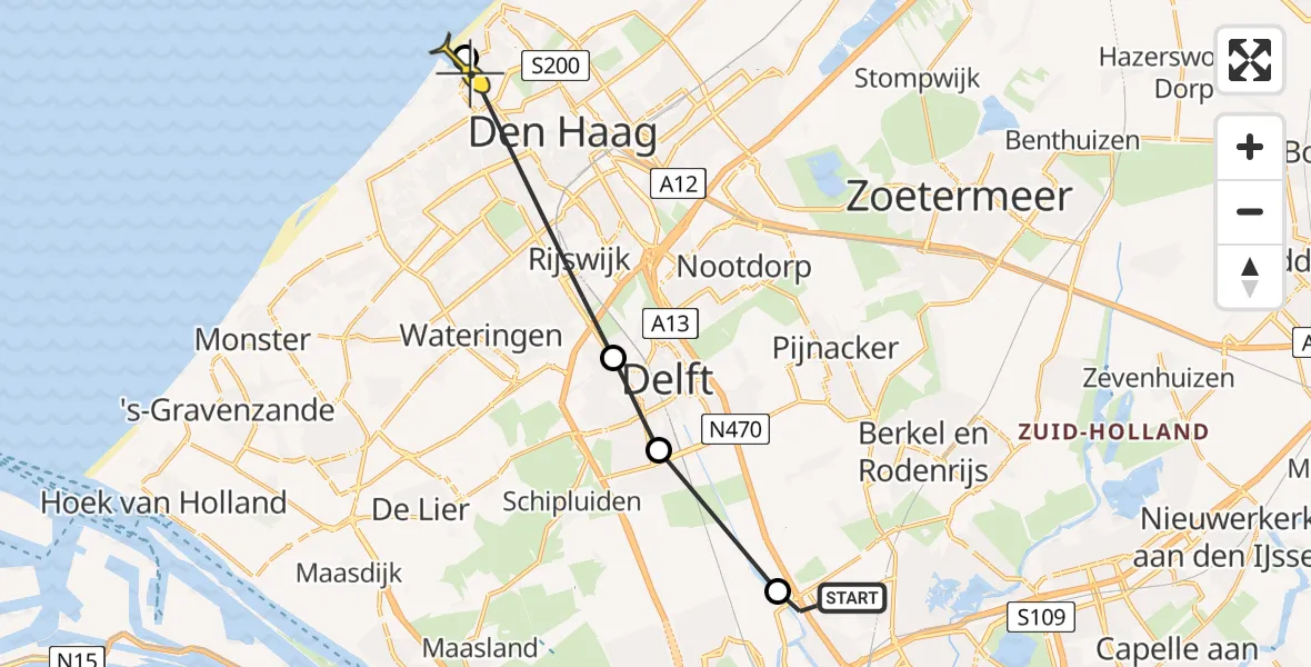 Routekaart van de vlucht: Lifeliner 2 naar Den Haag, Zaventembaan