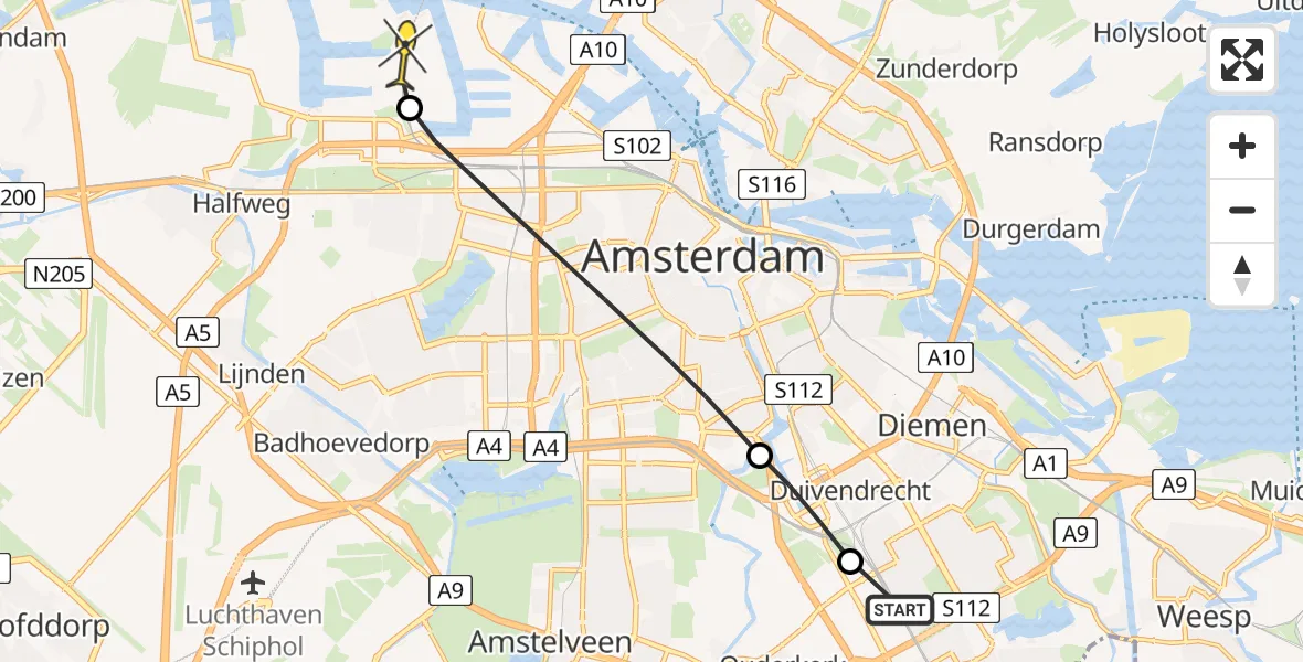 Routekaart van de vlucht: Lifeliner 1 naar Amsterdam Heliport, De passage