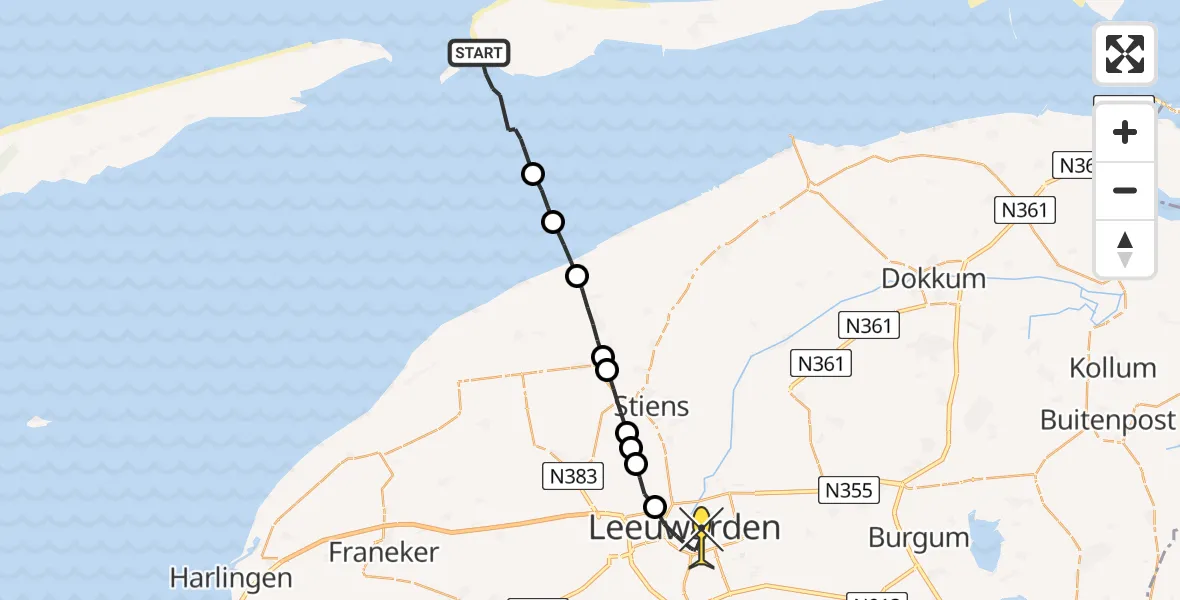 Routekaart van de vlucht: Ambulanceheli naar Leeuwarden, strandroute