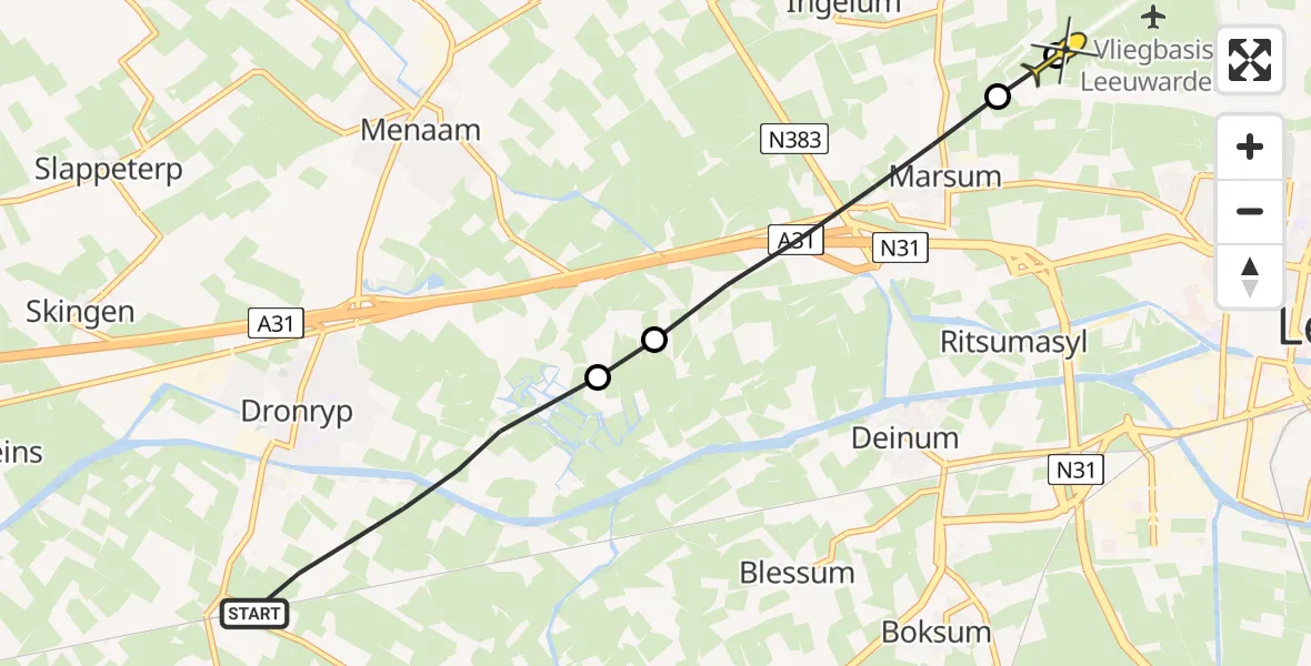 Routekaart van de vlucht: Ambulancehelikopter naar Vliegbasis Leeuwarden, Headyk