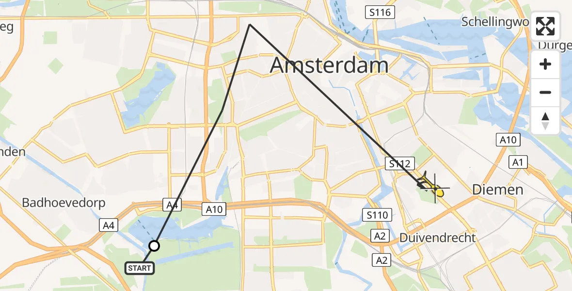 Routekaart van de vlucht: Politiehelikopter naar Amsterdam, Postjeswetering