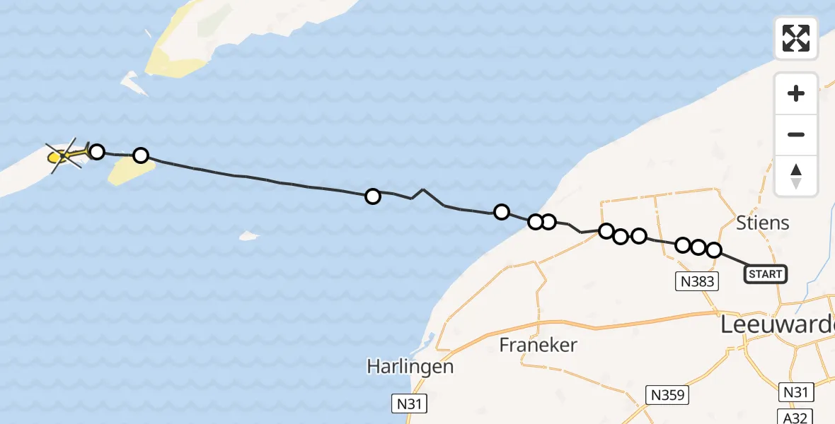 Routekaart van de vlucht: Ambulanceheli naar Vlieland Heliport, Hogerhuisdyk