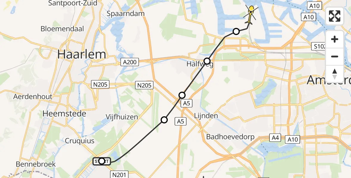 Routekaart van de vlucht: Lifeliner 1 naar Amsterdam Heliport, Grote Strand