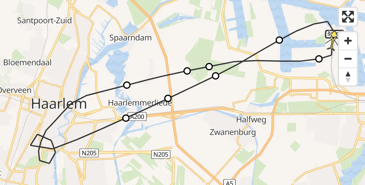 Routekaart van de vlucht: Lifeliner 1 naar Amsterdam Heliport, Santoriniweg