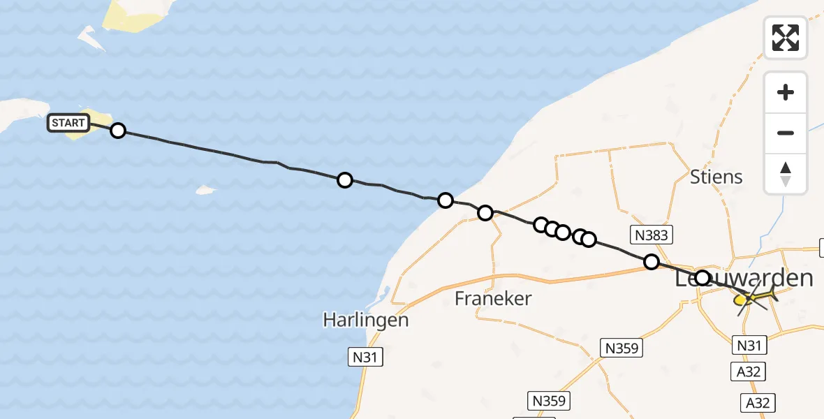 Routekaart van de vlucht: Ambulanceheli naar Leeuwarden, Richel