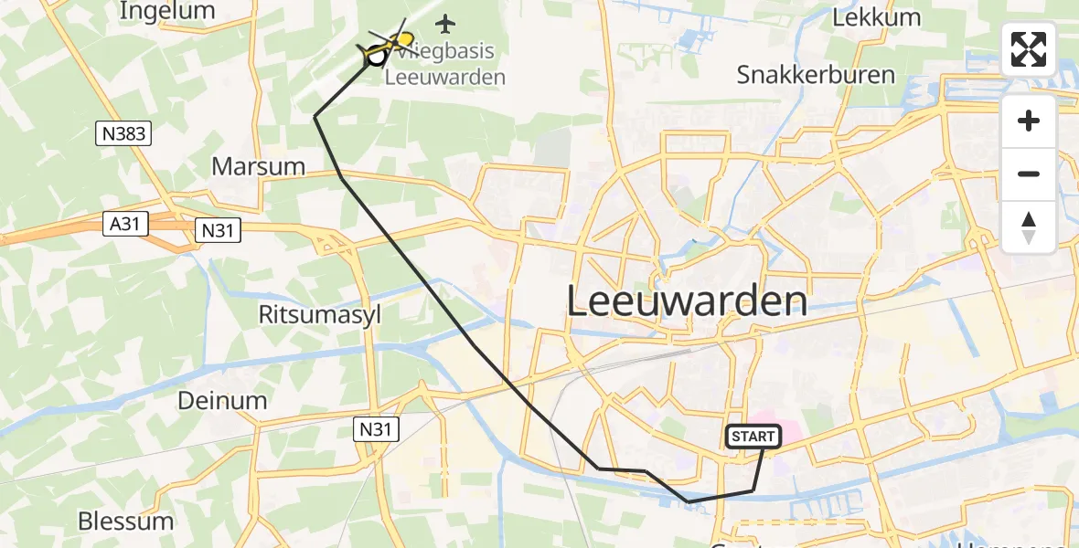 Vluchtroute Ambulancehelikopter van Leeuwarden naar Vliegbasis Leeuwarden