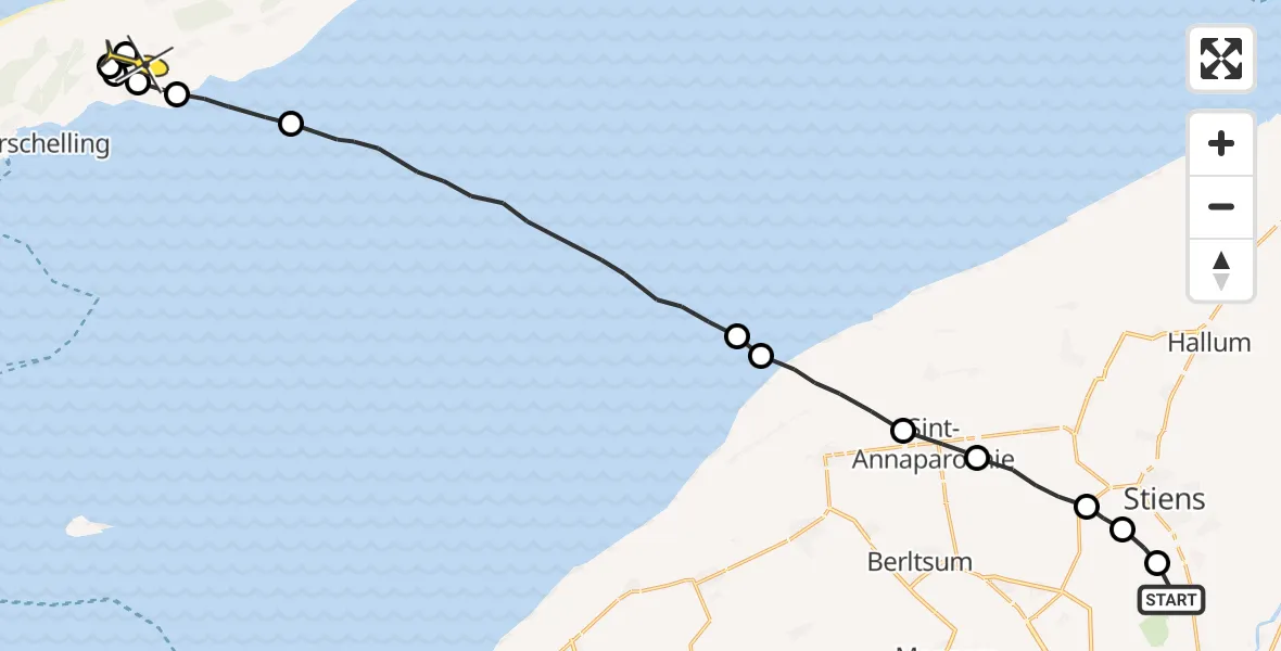 Routekaart van de vlucht: Ambulanceheli naar Midsland, Nijlânsdyk