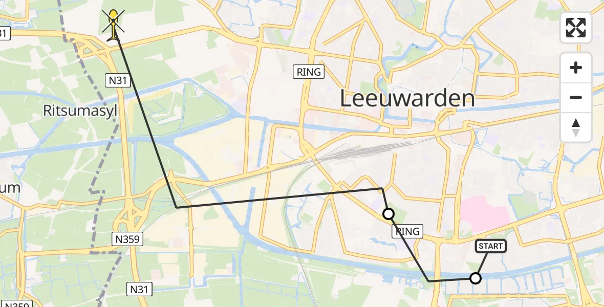 Vluchtroute Ambulancehelikopter van Leeuwarden naar Leeuwarden