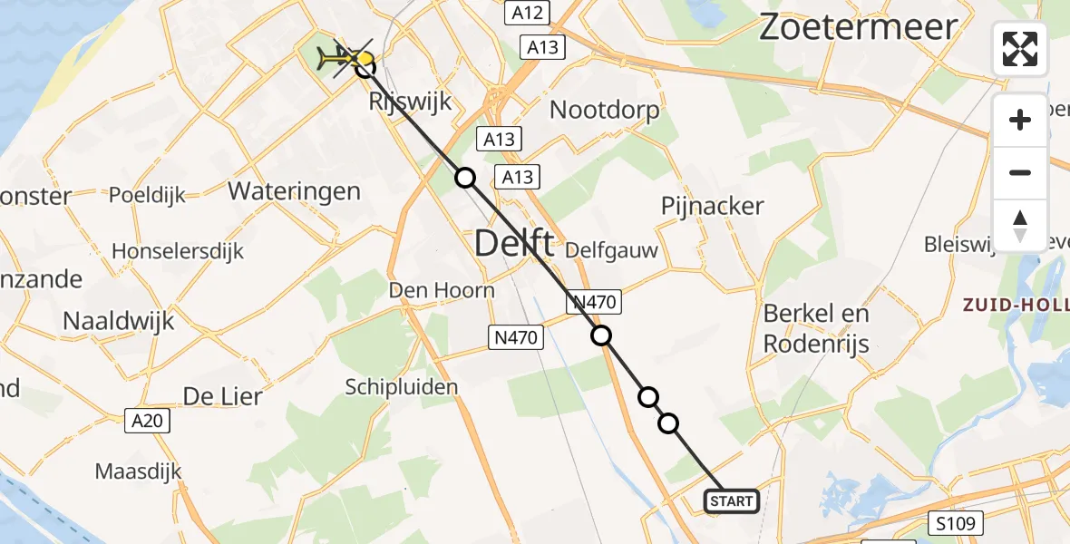 Routekaart van de vlucht: Lifeliner 2 naar Den Haag, Meester P. Droogleever Fortuynweg