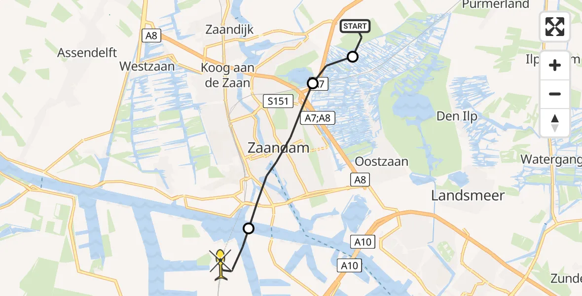 Routekaart van de vlucht: Lifeliner 1 naar Amsterdam Heliport, Zuiderweg