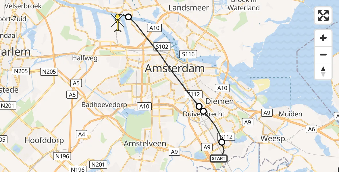 Routekaart van de vlucht: Lifeliner 1 naar Amsterdam Heliport, Opijnenhof