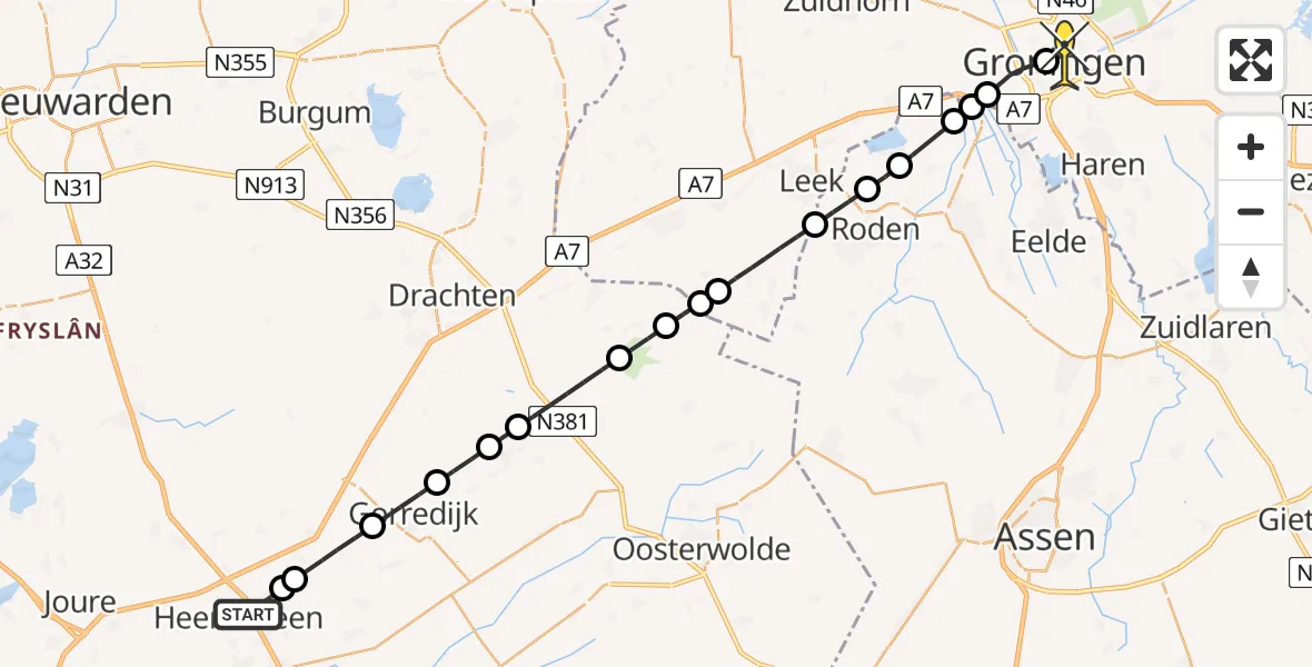 Routekaart van de vlucht: Lifeliner 4 naar Universitair Medisch Centrum Groningen, het Meer