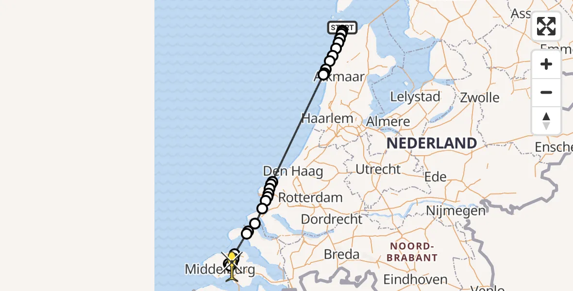 Routekaart van de vlucht: Kustwachthelikopter naar Vliegveld Midden-Zeeland, Balgzanddijk