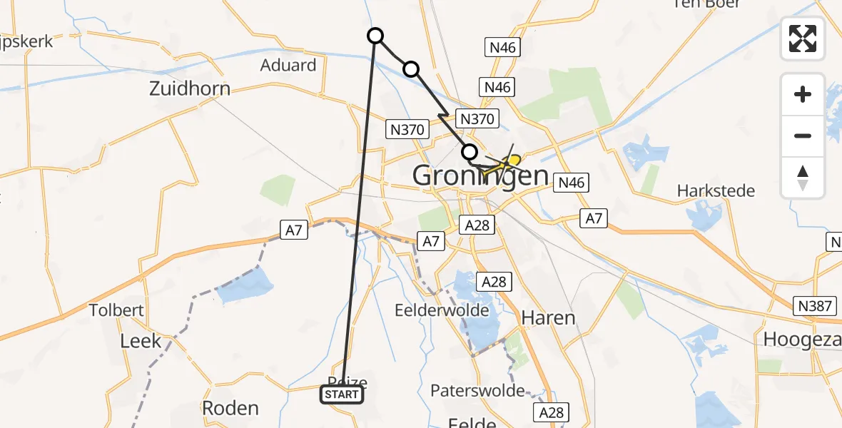 Routekaart van de vlucht: Ambulancehelikopter naar Universitair Medisch Centrum Groningen, Reitdiepdijk
