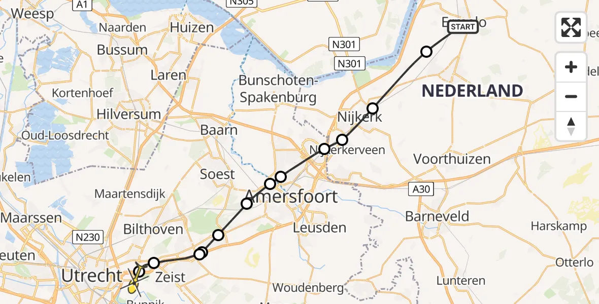 Routekaart van de vlucht: Lifeliner 1 naar Universitair Medisch Centrum Utrecht, Oude Telgterweg