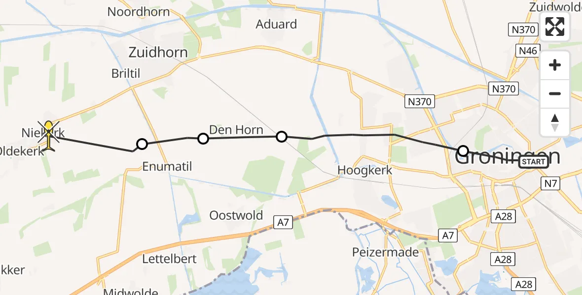 Vluchtroute Ambulancehelikopter van Universitair Medisch Centrum Groningen naar Niekerk