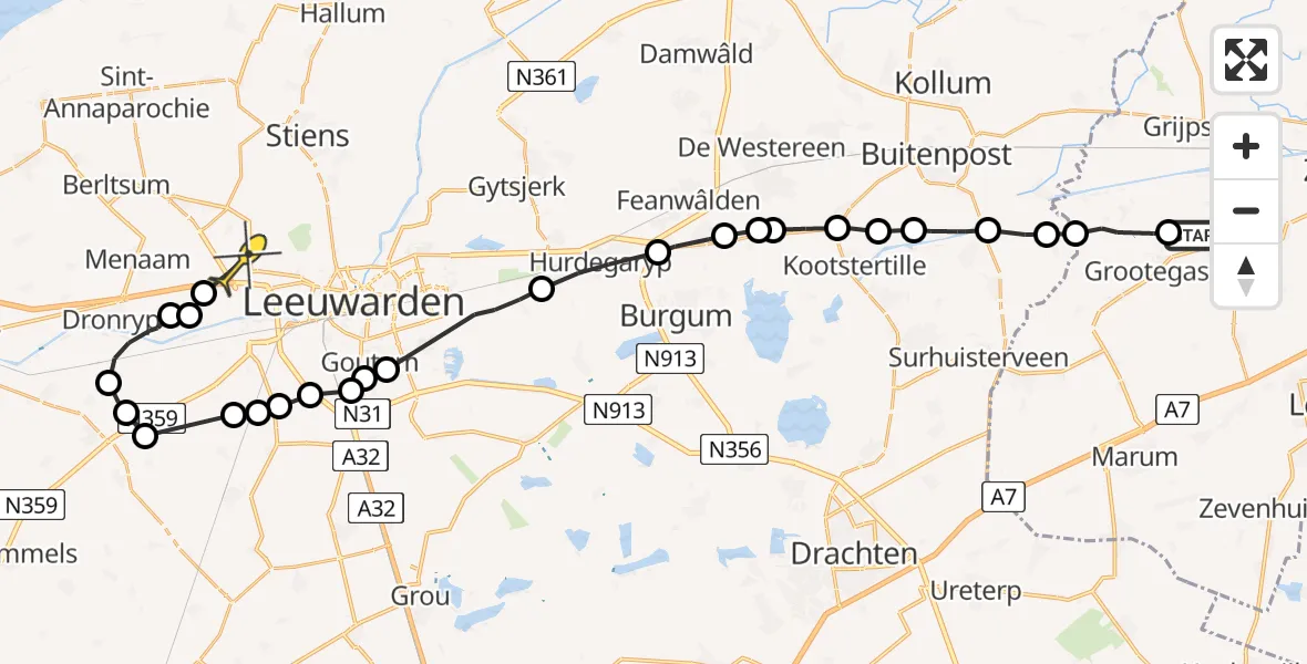 Routekaart van de vlucht: Ambulanceheli naar Marsum, Caspar Roblesdijk