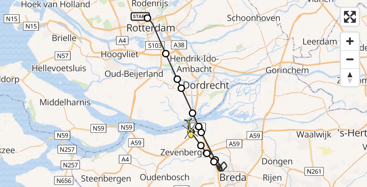 Routekaart van de vlucht: Politieheli naar Moerdijk, Kleiweg