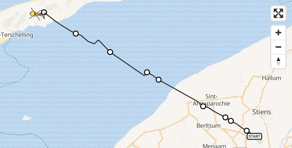 Routekaart van de vlucht: Ambulanceheli naar Midsland, Bitgumerlân